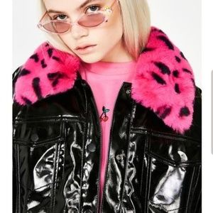 Black Vinyl Leopard Collar Jacket